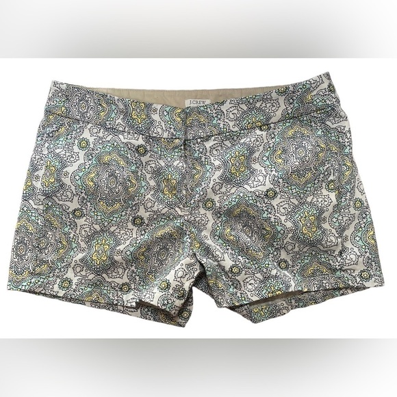 J CREW COTTON SHORTS WHITE AQUA YELLOW BLACK OUTLINE ABSTRACT - Picture 3 of 5